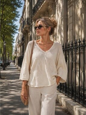 Sandro Cream V-Neck Textured Knit Tunic M